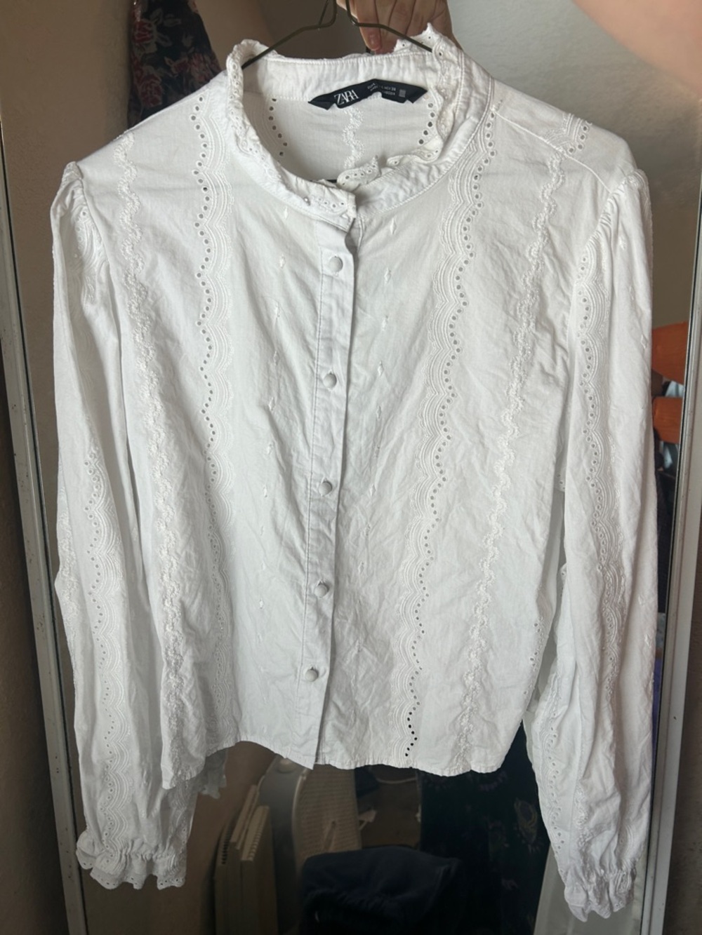 Zara White Eyelet Button-Down Blouse with Ruffle Collar